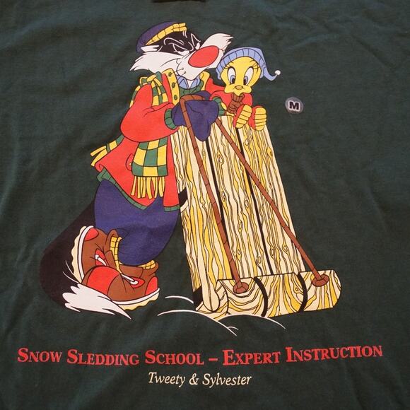 Vintage 1991 Tweety & Sylvester T-shirt by Acme Looney Tunes Snow Sledding NEW - Picture 1 of 9
